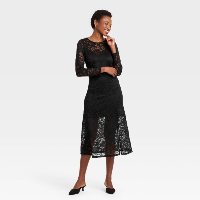 Women's Long Sleeve Midi Lace Dress - New Day Black Floral M