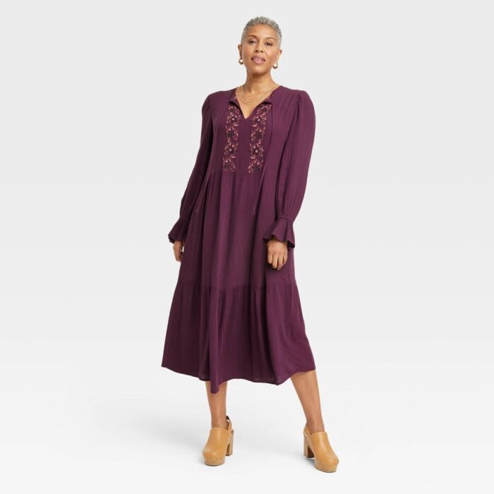 Knox Rose Women's Long Sleeve Embroidered Midi Casual Dress A-Line